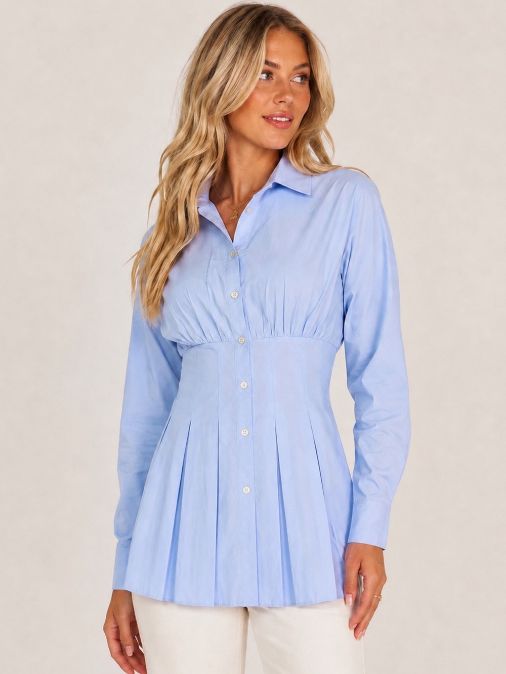 Maeve Anthropologie Cinched Pleated Button Down Shirt Blue Size S